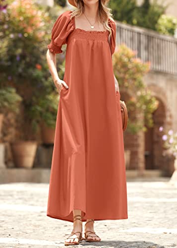 KIRUNDO Women 2025 Summer Maxi Dress Casual Loose Puff Sleeve Square Neck Maternity Flowy Long Beach Dresses with Pockets(Brick Red, Medium) - Image 2