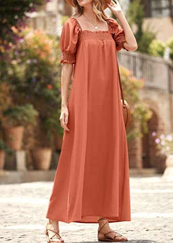 KIRUNDO Women 2025 Summer Maxi Dress Casual Loose Puff Sleeve Square Neck Maternity Flowy Long Beach Dresses with Pockets(Brick Red, Medium) - Image 3