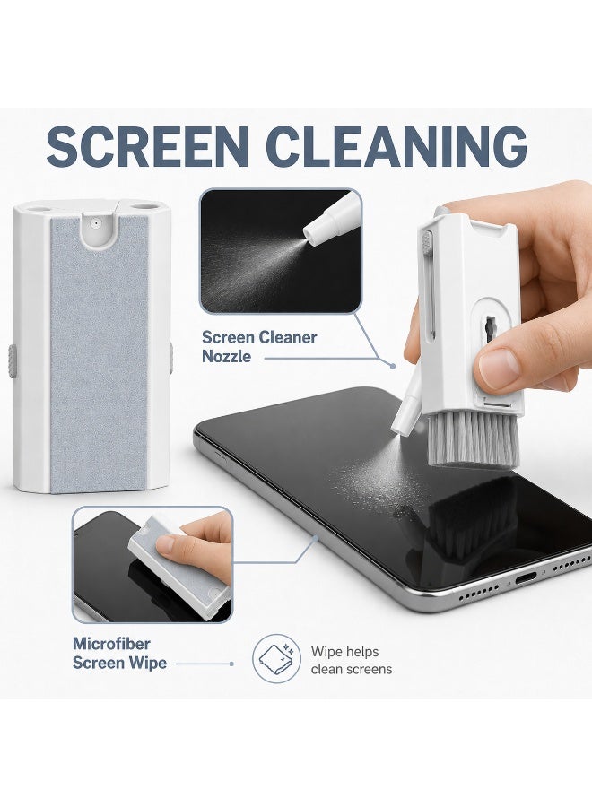 8-in-1 Electronics Cleaning Kit with Soft Keyboard Brush, Earbud Cleaning Tip, Microfiber Screen Wipe, Keycap Puller, Phone Stand and Empty Spray Function, White and Gray - Image 5