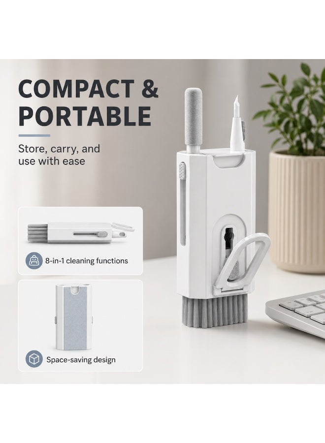 8-in-1 Electronics Cleaning Kit with Soft Keyboard Brush, Earbud Cleaning Tip, Microfiber Screen Wipe, Keycap Puller, Phone Stand and Empty Spray Function, White and Gray - Image 2