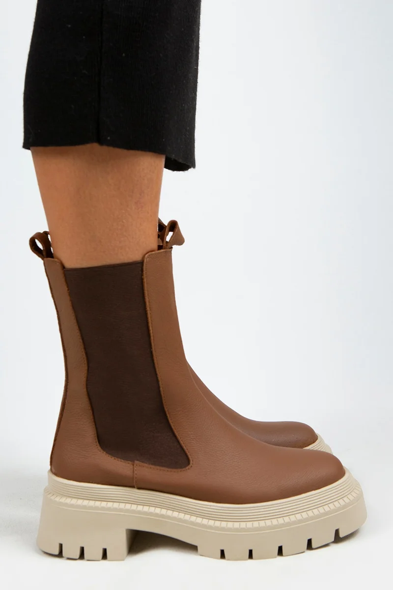 Manijero Manijero Agatha Women's Genuine Leather Double-Sided Elasticated Square Toe Tan-Beige Boots