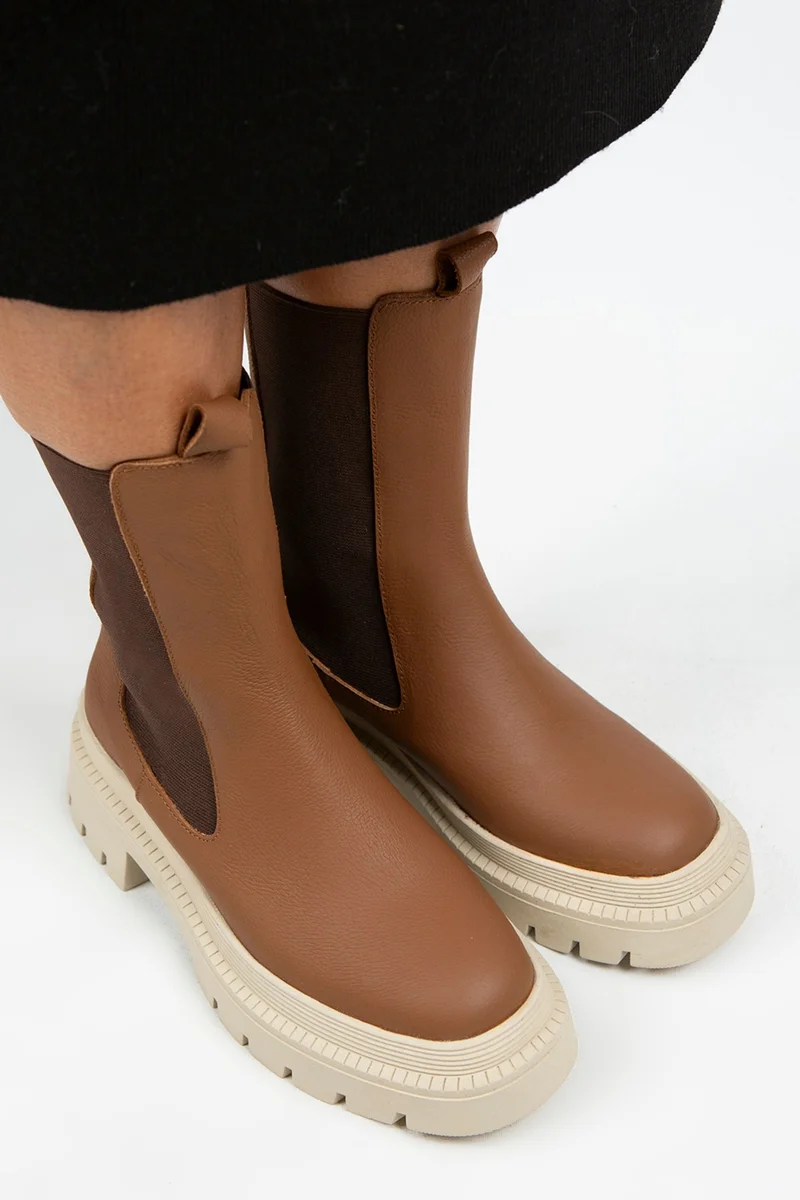 Manijero Manijero Agatha Women's Genuine Leather Double-Sided Elasticated Square Toe Tan-Beige Boots