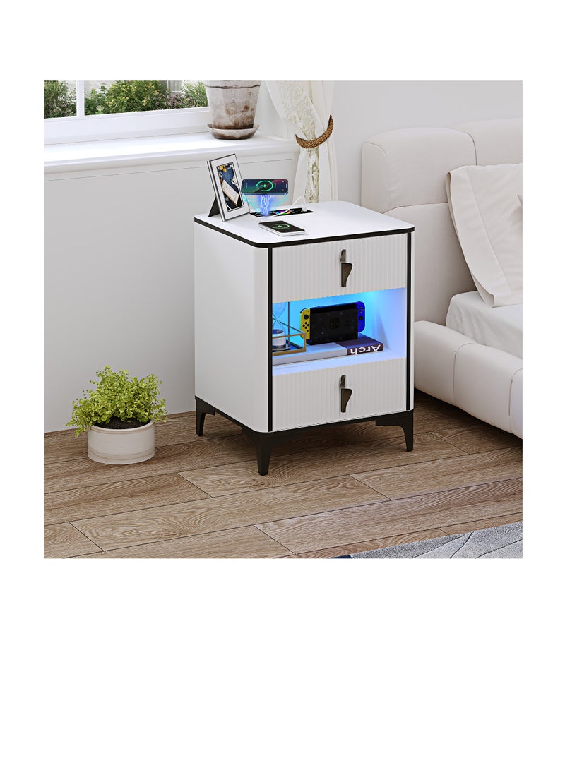 Generic Smart Bedside Table | Modern Nightstand End Table | Sofa Side Table with Wireless Charging & Motion Sensor LED Light - Dimmable Lighting for Bedroom, Living Room & Office - USB/Type-C Ports（White）  - Image 1