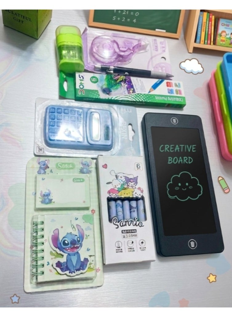 Back to School Package: School Supplies (Pencil case, LED whiteboard, notebook, 6 pens, eraser and sharpener, calculator, correction fluid, 6 colored pencils) - Image 1