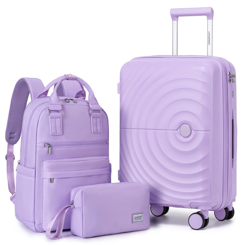 LARVENDER Carry On Luggage Set 22x14x9 Airline Approved, Expandable 20 Inch Carry-On Suitcases With Wheels, Lightweight Luggage Sets 3 Pieces With Backpack, Lavender - Image 1