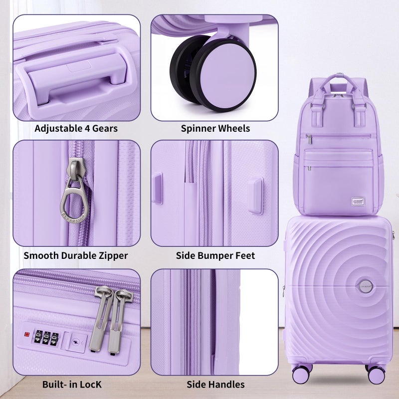LARVENDER Carry On Luggage Set 22x14x9 Airline Approved, Expandable 20 Inch Carry-On Suitcases With Wheels, Lightweight Luggage Sets 3 Pieces With Backpack, Lavender - Image 4