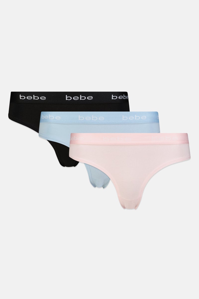 bebe Women 3 Pcs Brand logo Thong Panty Set, Multicolor - Image 2