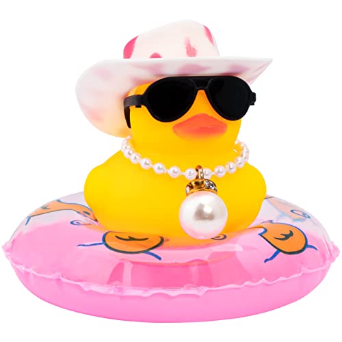 wonuu Car Rubber Duck Yellow Duck Decoration Dashboard with Sun Hat Swim Ring Necklace Sunglasses for Car Dashboard Decorations Pink White Cowboy HatPinkBig Pearl - Image 1