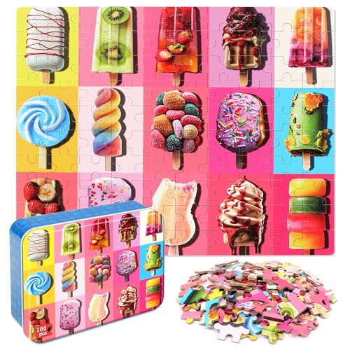 LELEMON Puzzles for Kids Ages 46Popsicle 100 Piece Puzzles for Kids in a Metal Box Educational Jigsaw Puzzles 100 Piece Puzzle Games for Girls and Boys - Image 1