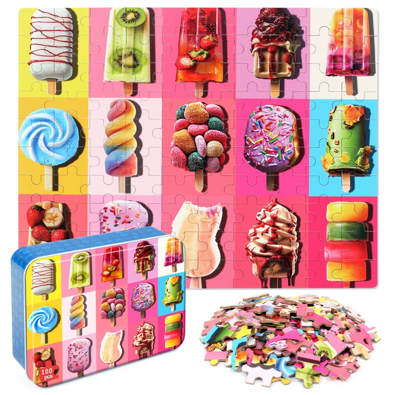 LELEMON Puzzles for Kids Ages 46Popsicle 100 Piece Puzzles for Kids in a Metal Box Educational Jigsaw Puzzles 100 Piece Puzzle Games for Girls and Boys - Image 3