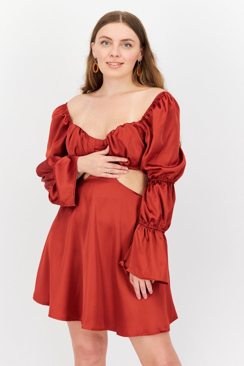 First Distraction The Label Women Satin Cut Out Mini Dress, Rust - Image 1