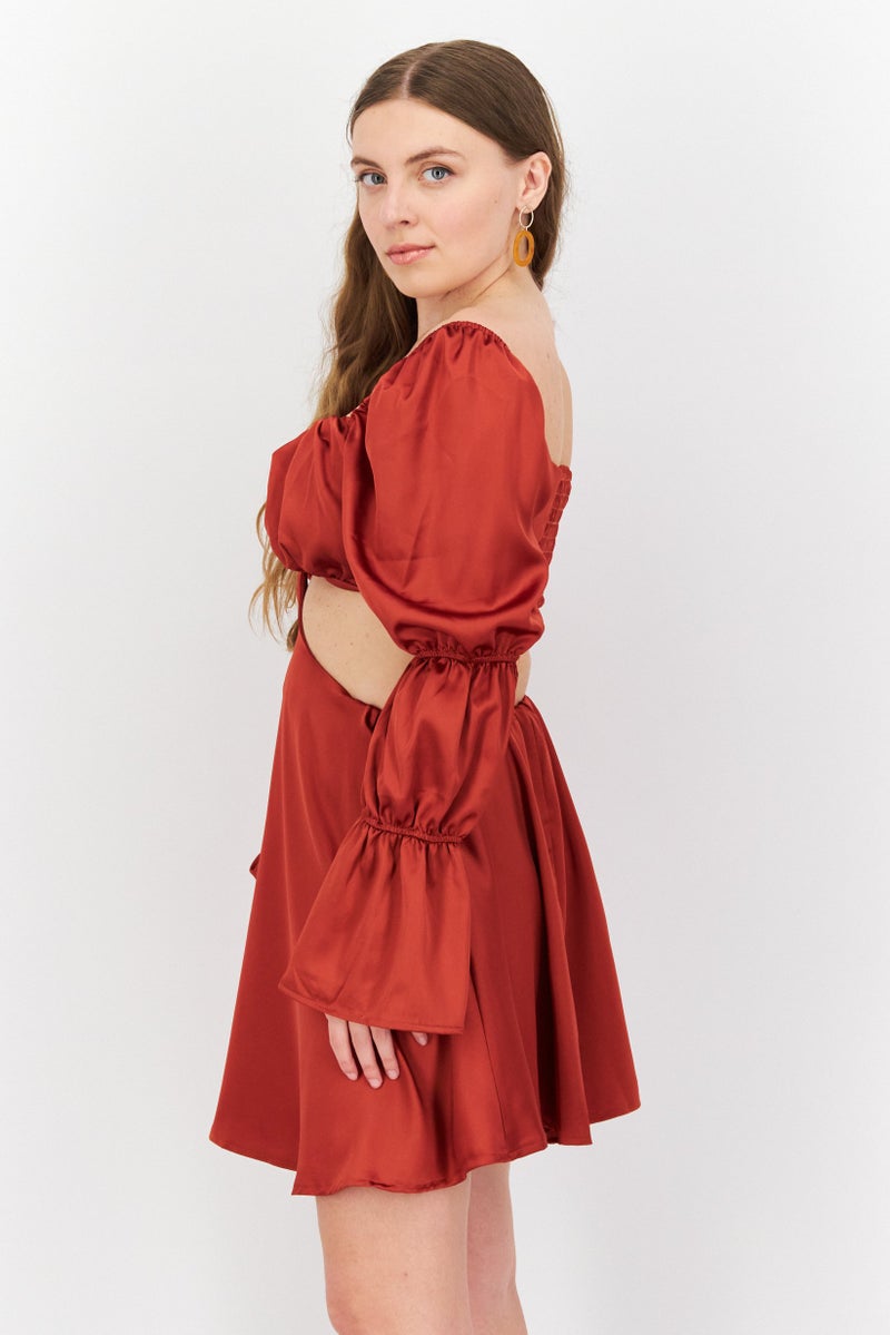 First Distraction The Label Women Satin Cut Out Mini Dress, Rust - Image 2