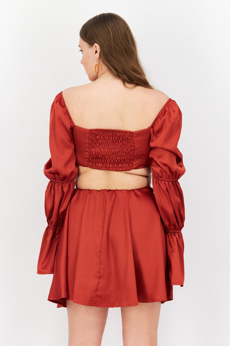 First Distraction The Label Women Satin Cut Out Mini Dress, Rust - Image 4