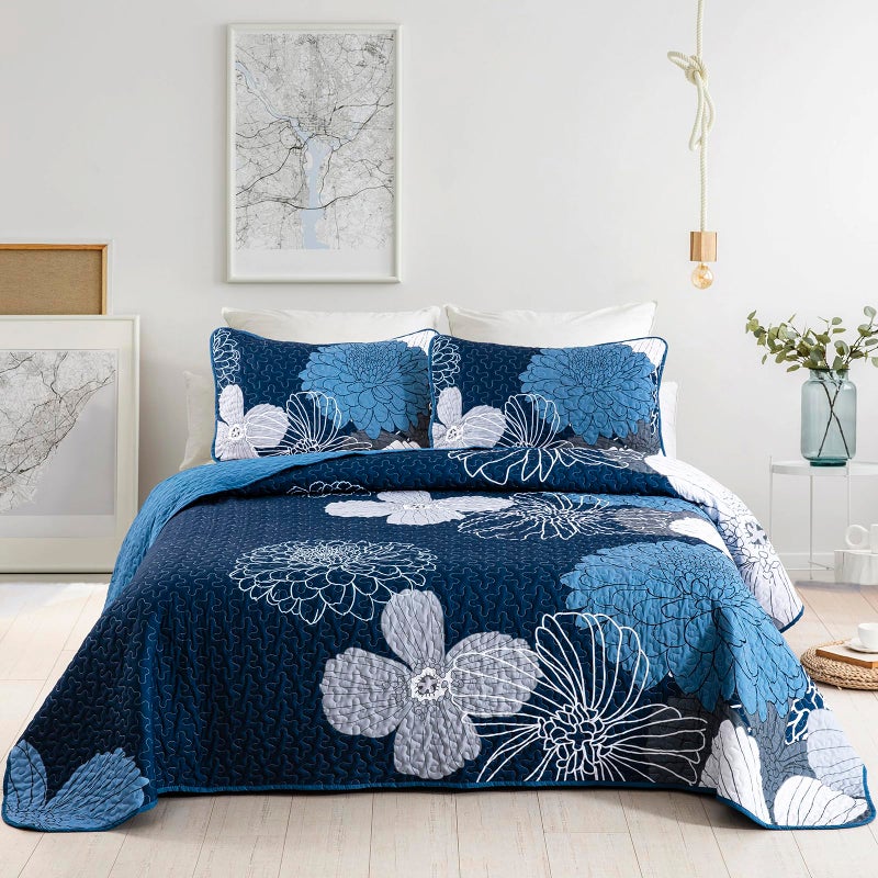 Anibedding Navy Blue Floral Quilts Set California King Size 3 Pieces Reversible Boho Flower Coverlet Bedding Set with 2 Pillowcases, All Season Lightweight Quilted Bedspreads Bedding Set 106''x96'' - Image 1