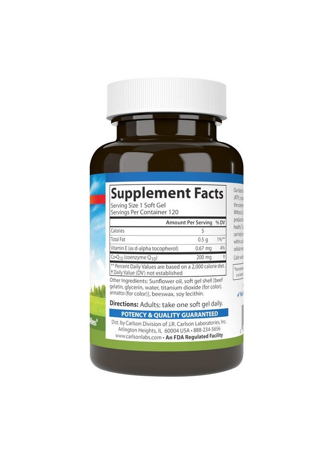 Carlson - Co-Q10, Co-Enzyme Q10, 200 mg, Energy Production & Heart Function, 120 Softgels - Image 2