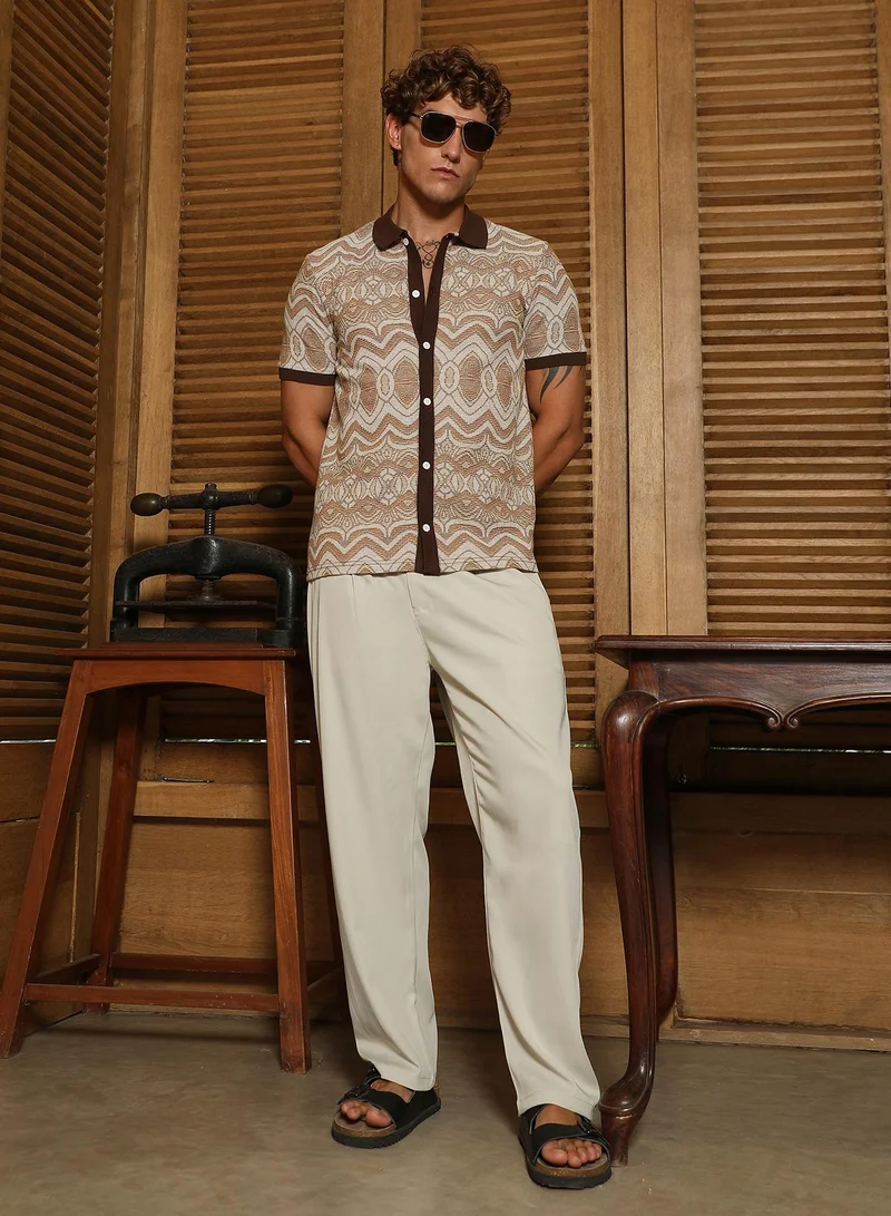 CAHOOT  Men's Brown Geometric Pattern Polo Collar Shirt for Men | Best Price UAE