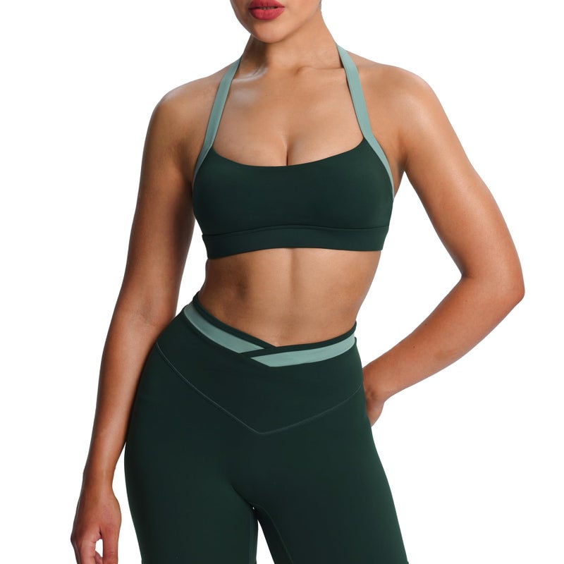 Aoxjox Women's Color Block Halter Workout Sports Bras Fitness Athletic Vanessa Bra Yoga Crop Tank (Forest Green/Sage Green, Large) - Image 1