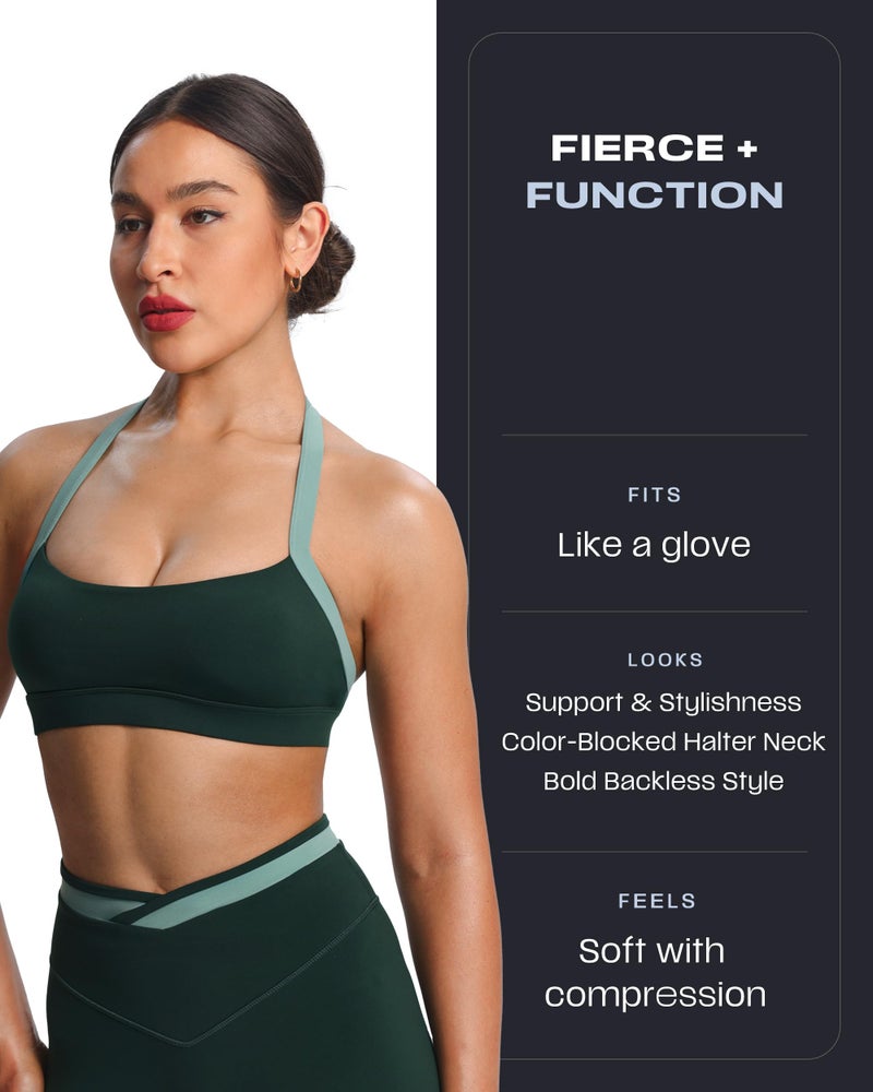 Aoxjox Women's Color Block Halter Workout Sports Bras Fitness Athletic Vanessa Bra Yoga Crop Tank (Forest Green/Sage Green, Large) - Image 2