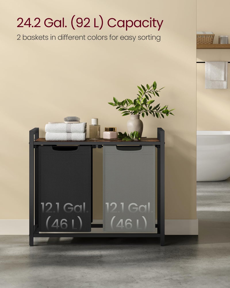 VASAGLE Laundry Hamper, Laundry Basket, Laundry Sorter with 2 Pull-Out and Removable Bags, Shelf, Metal Frame, 2 x 12.1 Gallons (46 L), 28.8 x 13 x 28.4 Inches, Bicolor and Rustic Brown UBLH201X01 - Image 3