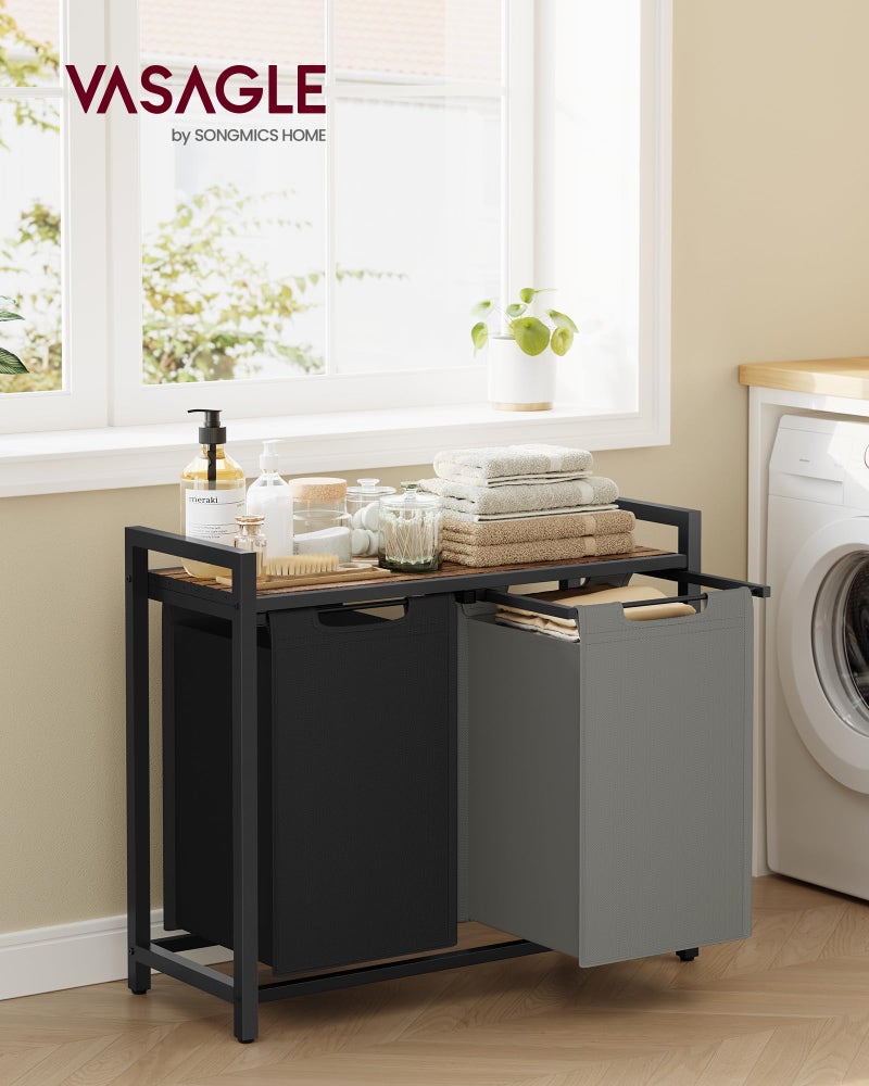 VASAGLE Laundry Hamper, Laundry Basket, Laundry Sorter with 2 Pull-Out and Removable Bags, Shelf, Metal Frame, 2 x 12.1 Gallons (46 L), 28.8 x 13 x 28.4 Inches, Bicolor and Rustic Brown UBLH201X01 - Image 2