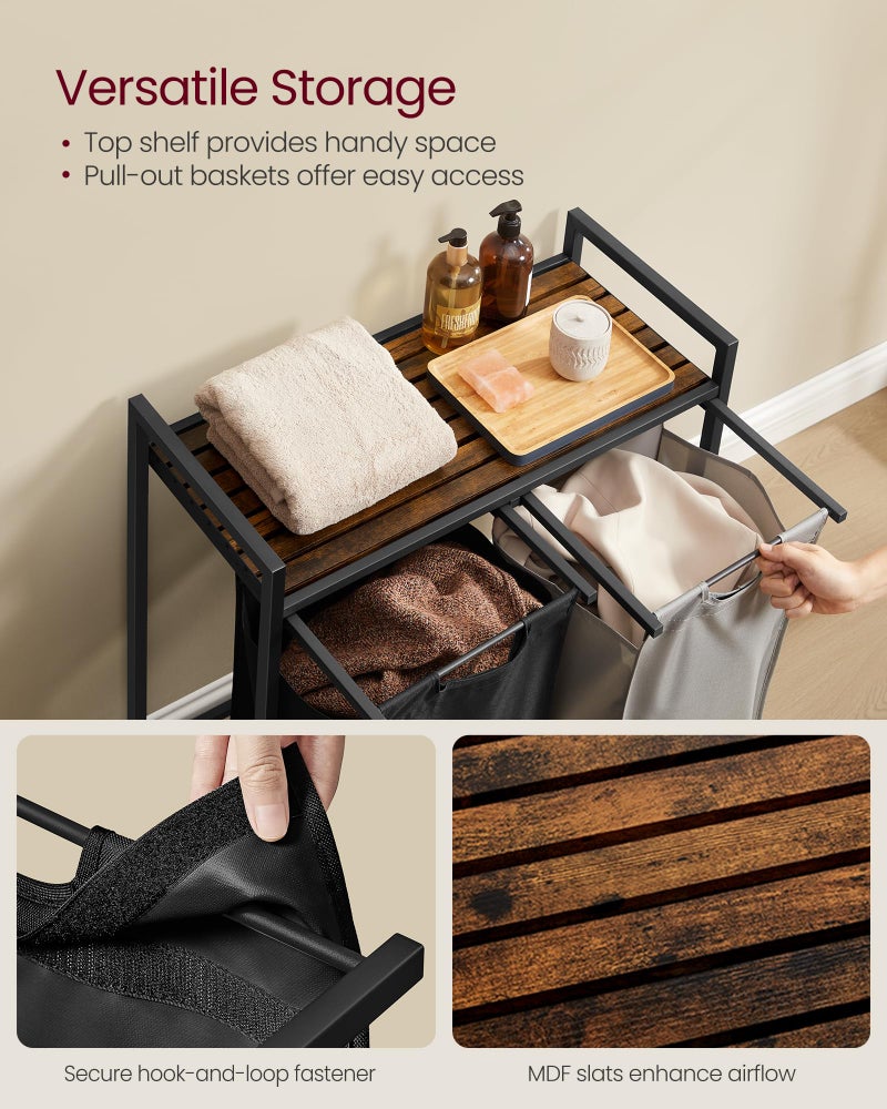 VASAGLE Laundry Hamper, Laundry Basket, Laundry Sorter with 2 Pull-Out and Removable Bags, Shelf, Metal Frame, 2 x 12.1 Gallons (46 L), 28.8 x 13 x 28.4 Inches, Bicolor and Rustic Brown UBLH201X01 - Image 4
