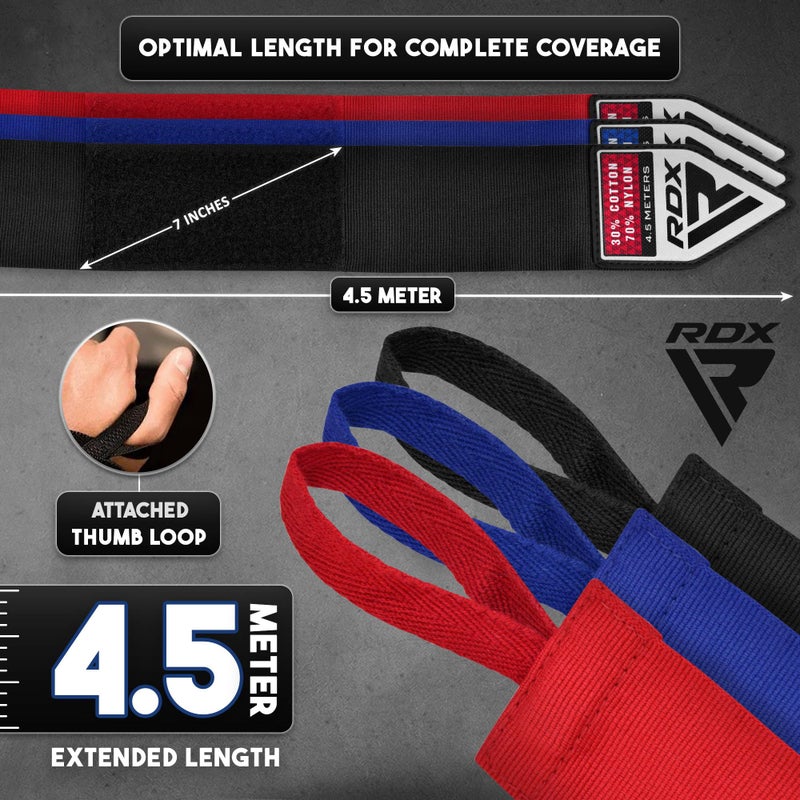 RDX Boxing Hand Wraps 4.5M / 180 Inches â€“ Mexican Style Semi-Elastic MMA Inner Gloves - Wrist Support for Muay Thai, Kickboxing, BJJ, Karate - Thumb Loop & Hook and Loop Closure - Cotton & Nylon Blend - Image 4