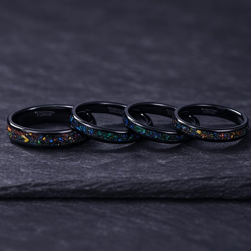 TRUMIUM 4mm Black Tungsten Rings for Men Women Wedding Bands Galaxy Opal Sandstone Inlay Beveled Edges Comfort Fit Size 9 - Image 2