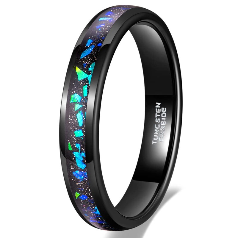 TRUMIUM 4mm Black Tungsten Rings for Men Women Wedding Bands Galaxy Opal Sandstone Inlay Beveled Edges Comfort Fit Size 9 - Image 1