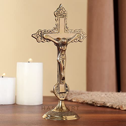 Hashcart Brass Crucifix Cross for Table - Catholic Standing Crucifix for Altar - Brass Jesus Christ Statue for Home Office Church Christian Decor [ 6 inch - Image 2