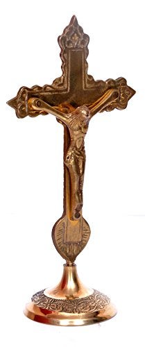 Hashcart Brass Crucifix Cross for Table - Catholic Standing Crucifix for Altar - Brass Jesus Christ Statue for Home Office Church Christian Decor [ 6 inch - Image 4
