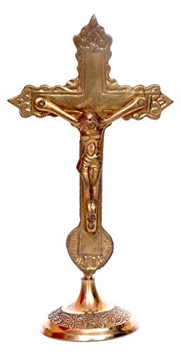 Hashcart Brass Crucifix Cross for Table - Catholic Standing Crucifix for Altar - Brass Jesus Christ Statue for Home Office Church Christian Decor [ 6 inch - Image 1
