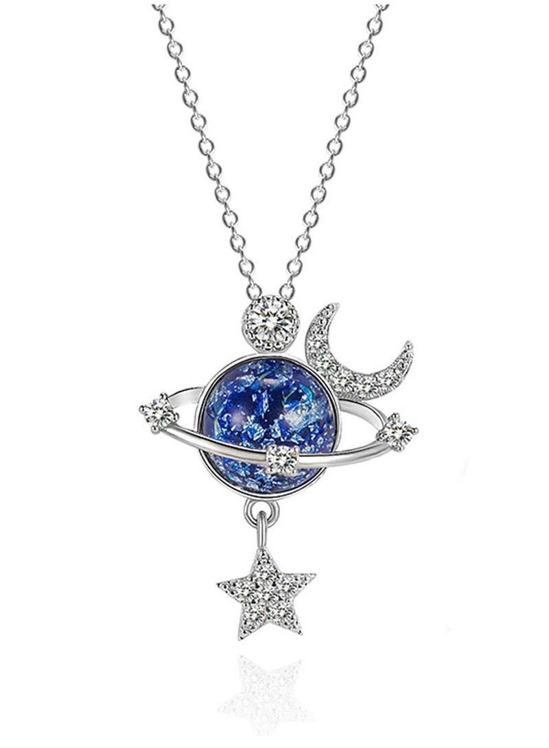 Star Necklace, 925 Silver Zircon Star Moon Fantasy Planet Necklace, Gift for Daughter, Granddaughter and Ladies, Friendship, Family, Love Jewelry