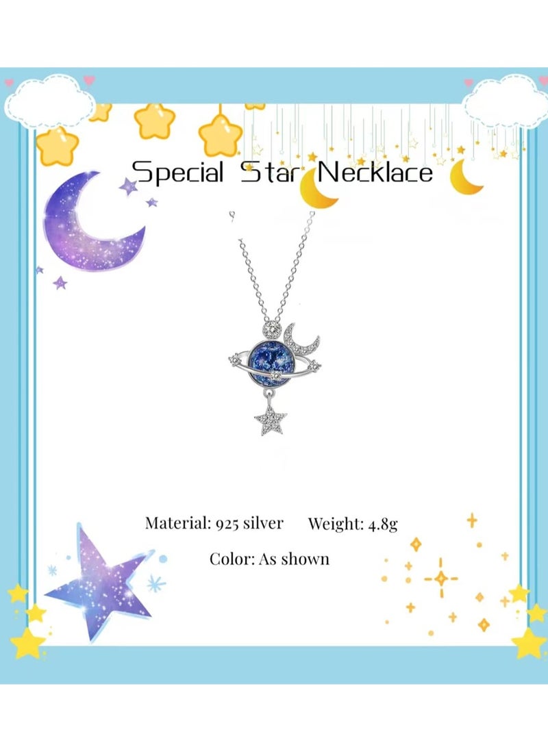 Star Necklace, 925 Silver Zircon Star Moon Fantasy Planet Necklace, Gift for Daughter, Granddaughter and Ladies, Friendship, Family, Love Jewelry
