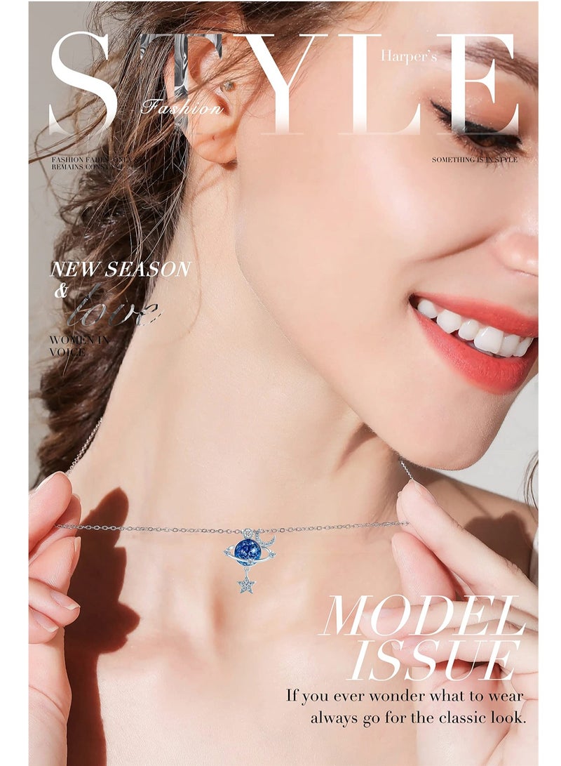 Star Necklace, 925 Silver Zircon Star Moon Fantasy Planet Necklace, Gift for Daughter, Granddaughter and Ladies, Friendship, Family, Love Jewelry