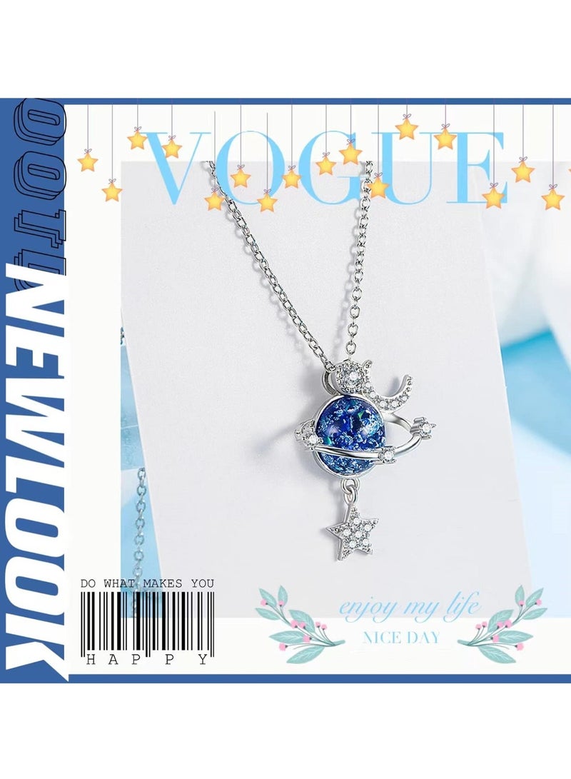 Star Necklace, 925 Silver Zircon Star Moon Fantasy Planet Necklace, Gift for Daughter, Granddaughter and Ladies, Friendship, Family, Love Jewelry