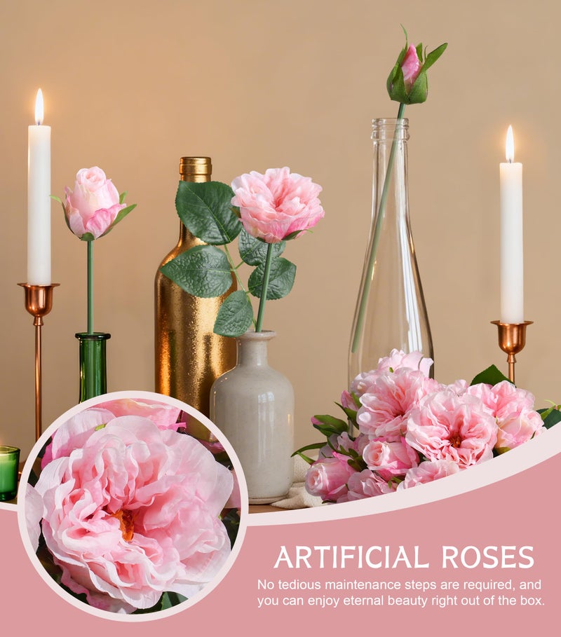 florisso Light Pink Rose Artificial Flowers - 13 Branches Faux Roses for Vase Decor, Wedding Centerpieces & Living Room Accents (Silk Artificial Roses) - Image 3