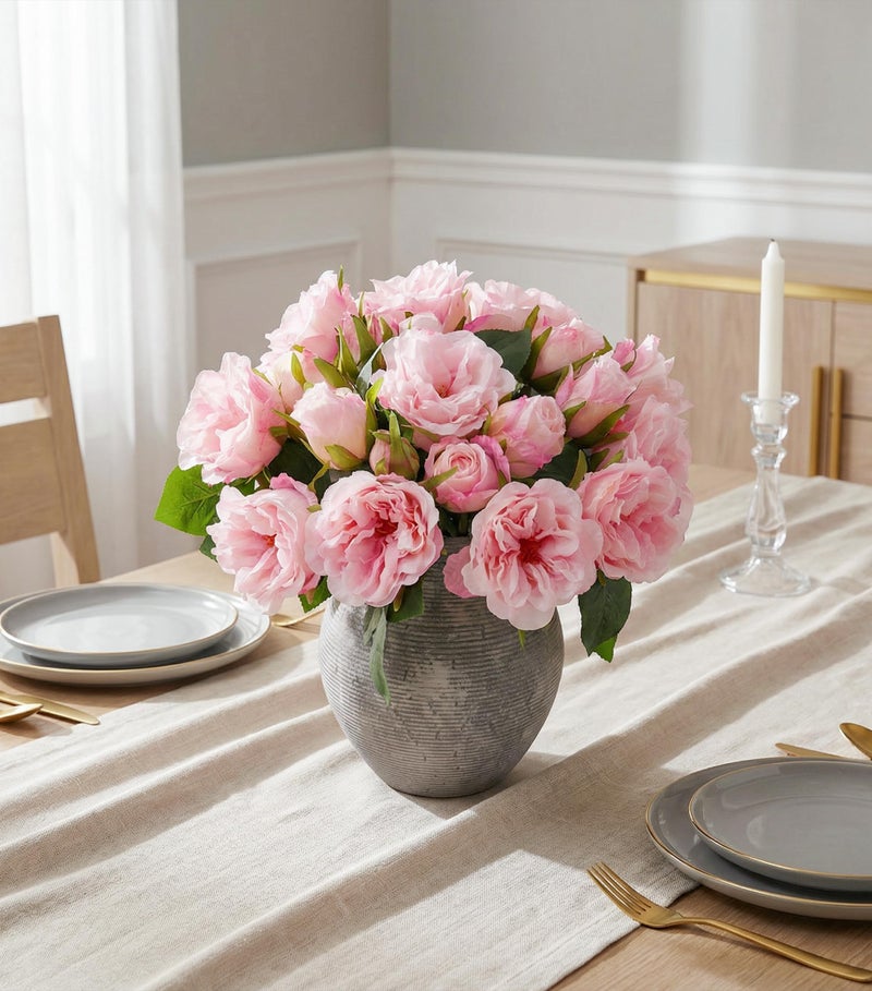 florisso Light Pink Rose Artificial Flowers - 13 Branches Faux Roses for Vase Decor, Wedding Centerpieces & Living Room Accents (Silk Artificial Roses) - Image 4