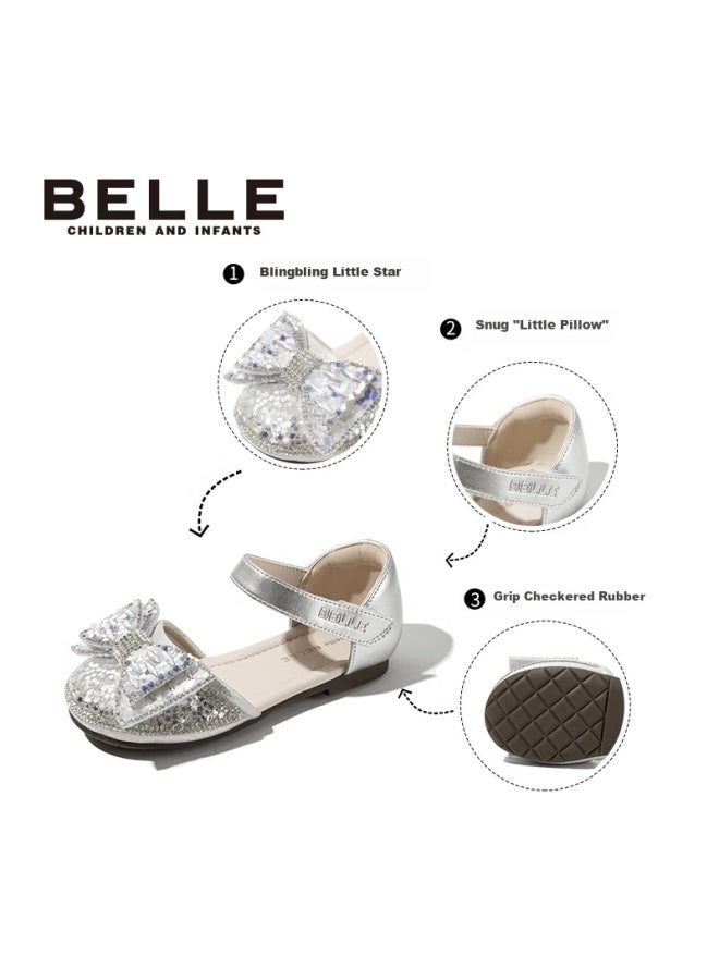 Belle Kids Children's Leather Shoes Crystal Princess Performance Shoes Baby Spring Summer Girls Single Shoes Silver Size 31 - Image 1