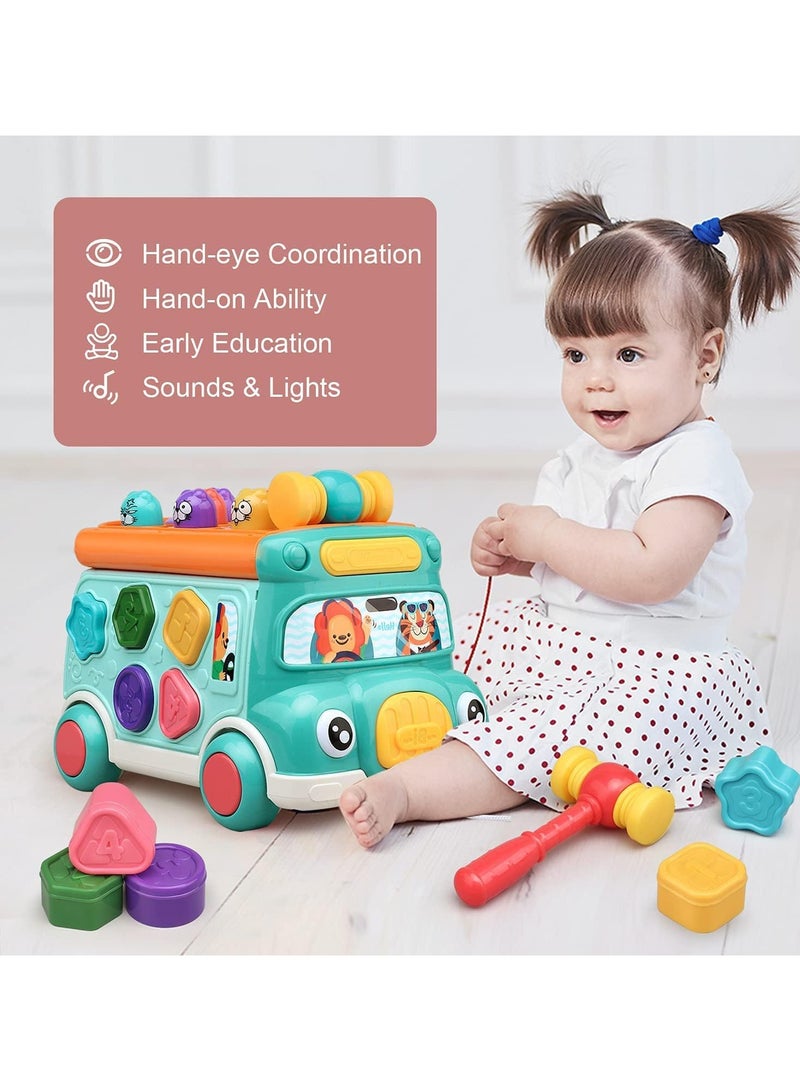 Push Pull Bus Toy for Toddlers, Baby Musical Learning Toys with Sound and Light, Includes Whack-a-Mole Game, Shape Matching, Gear Toy, and Toy Clock, Activity Bus for Early Education - Image 2