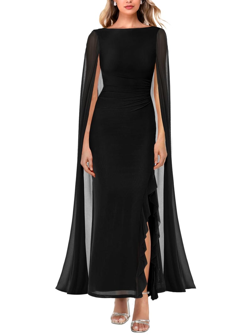 Lrady Women's Formal Evening Gowns High Split Ruffle Wedding Guest Cape Sleeve Cocktail Party Maxi Dresses, Black, Small - Image 1