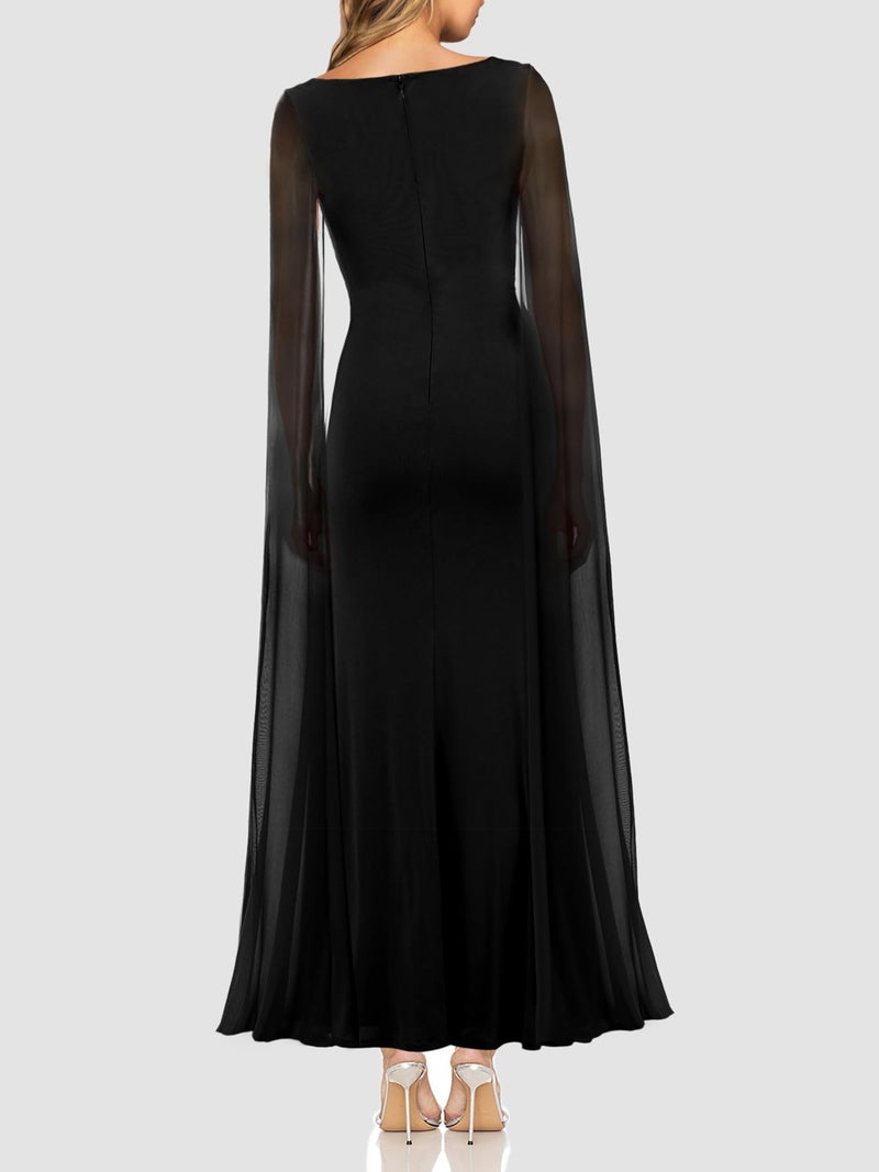 Lrady Women's Formal Evening Gowns High Split Ruffle Wedding Guest Cape Sleeve Cocktail Party Maxi Dresses, Black, Small - Image 2