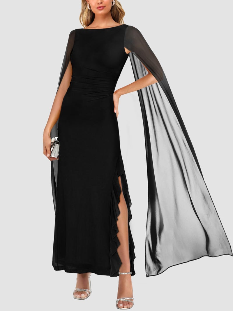 Lrady Women's Formal Evening Gowns High Split Ruffle Wedding Guest Cape Sleeve Cocktail Party Maxi Dresses, Black, Small - Image 3