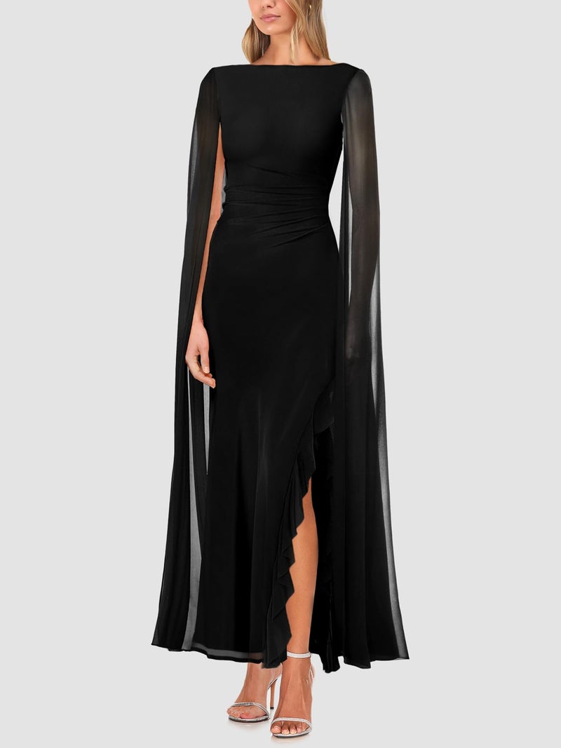 Lrady Women's Formal Evening Gowns High Split Ruffle Wedding Guest Cape Sleeve Cocktail Party Maxi Dresses, Black, Small - Image 4