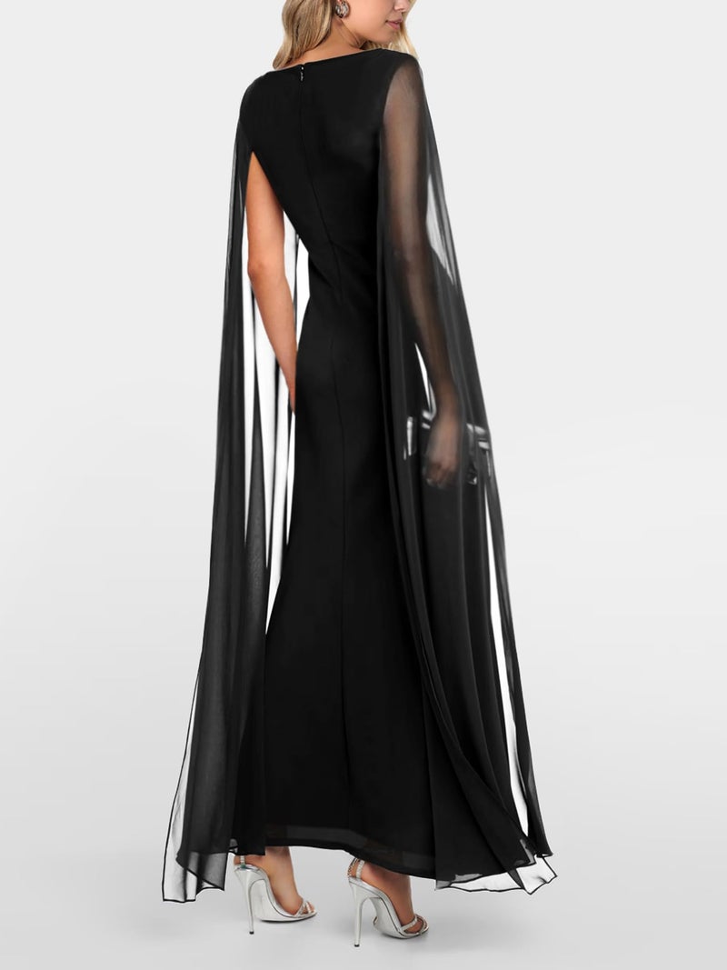 Lrady Women's Formal Evening Gowns High Split Ruffle Wedding Guest Cape Sleeve Cocktail Party Maxi Dresses, Black, Small - Image 5
