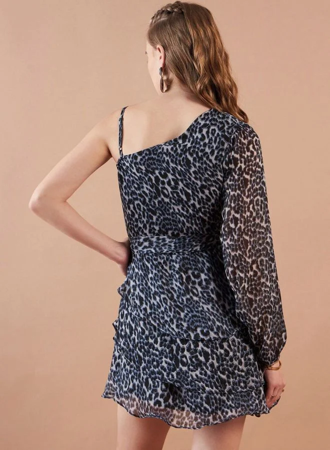 Freehand  Women Fit and Flared All Over Print One Shoulder Long Sleeve One Shoulder Dress for Women | Best Price UAE