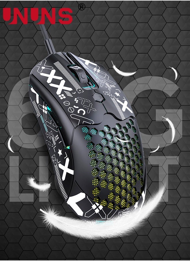 UNUNS - Wired Gaming Mouse,M5 RGB Lightweight PC Gaming Mice With 12000 DPI 6 Programmed Buttons,65g Honeycomb Shell,Ultralight Ultraweave Cable,Pixart 3325 Optical Sensor Gamer Mice,Black - Image 1