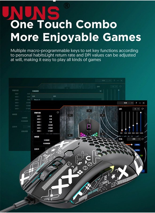 UNUNS - Wired Gaming Mouse,M5 RGB Lightweight PC Gaming Mice With 12000 DPI 6 Programmed Buttons,65g Honeycomb Shell,Ultralight Ultraweave Cable,Pixart 3325 Optical Sensor Gamer Mice,Black - Image 1