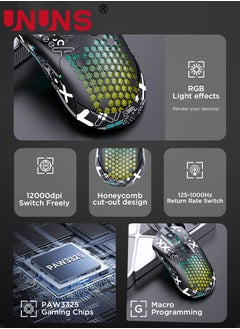 UNUNS ماوس ألعاب سلكي، ماوس ألعاب كمبيوتر خفيف الوزن M5 RGB مع 12000 نقطة في البوصة 6 أزرار مبرمجة، هيكل قرص العسل 65 جرام، كابل فائق الخفة، ماوس ألعاب بمستشعر بصري Pixart 3325، أسود  - Image 4