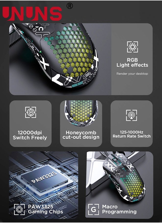 UNUNS - Wired Gaming Mouse,M5 RGB Lightweight PC Gaming Mice With 12000 DPI 6 Programmed Buttons,65g Honeycomb Shell,Ultralight Ultraweave Cable,Pixart 3325 Optical Sensor Gamer Mice,Black - Image 1