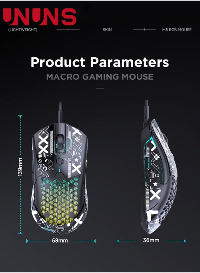 UNUNS - Wired Gaming Mouse,M5 RGB Lightweight PC Gaming Mice With 12000 DPI 6 Programmed Buttons,65g Honeycomb Shell,Ultralight Ultraweave Cable,Pixart 3325 Optical Sensor Gamer Mice,Black - Image 1